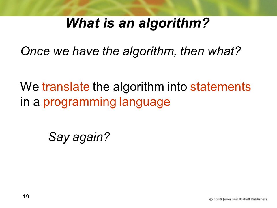 19 What is an algorithm. Once we have the algorithm, then what.