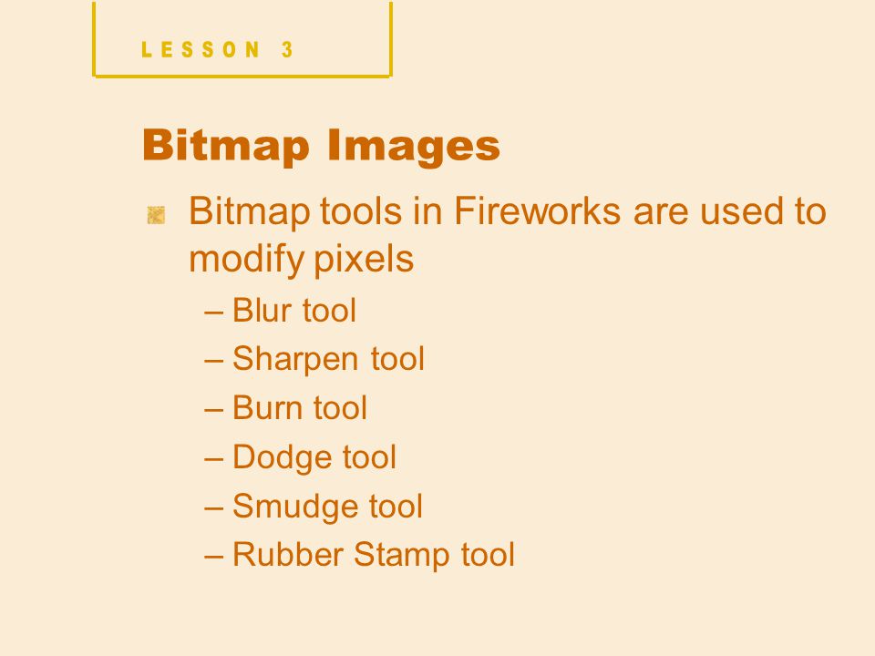 Bitmap Images Bitmap tools in Fireworks are used to modify pixels –Blur tool –Sharpen tool –Burn tool –Dodge tool –Smudge tool –Rubber Stamp tool
