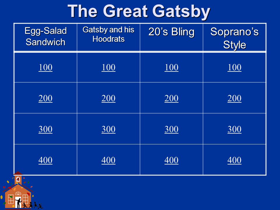 The Great Gatsby Egg-Salad Sandwich Gatsby and his Hoodrats 20’s Bling Soprano’s Style