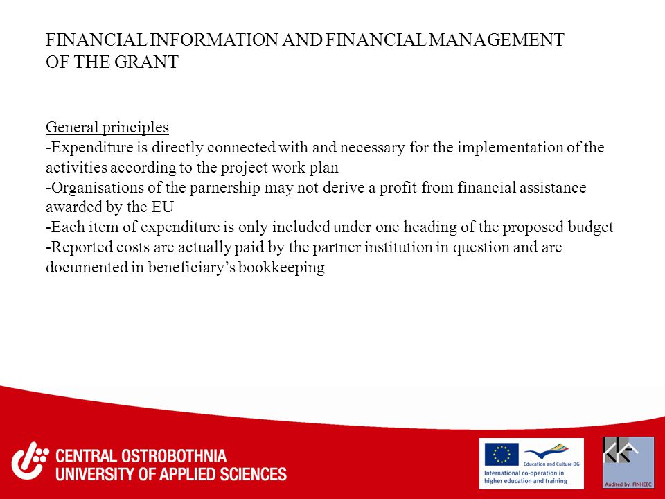 FINANCIAL INFORMATION AND FINANCIAL MANAGEMENT OF THE GRANT General principles -Expenditure is directly connected with and necessary for the implementation of the activities according to the project work plan -Organisations of the parnership may not derive a profit from financial assistance awarded by the EU -Each item of expenditure is only included under one heading of the proposed budget -Reported costs are actually paid by the partner institution in question and are documented in beneficiary’s bookkeeping