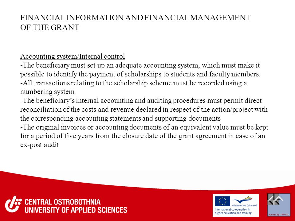 FINANCIAL INFORMATION AND FINANCIAL MANAGEMENT OF THE GRANT Accounting system/Internal control -The beneficiary must set up an adequate accounting system, which must make it possible to identify the payment of scholarships to students and faculty members.