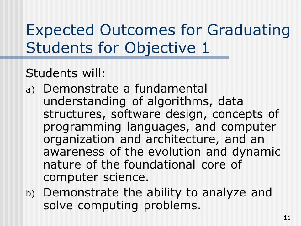 11 Expected Outcomes for Graduating Students for Objective 1 Students will: a) Demonstrate a fundamental understanding of algorithms, data structures, software design, concepts of programming languages, and computer organization and architecture, and an awareness of the evolution and dynamic nature of the foundational core of computer science.