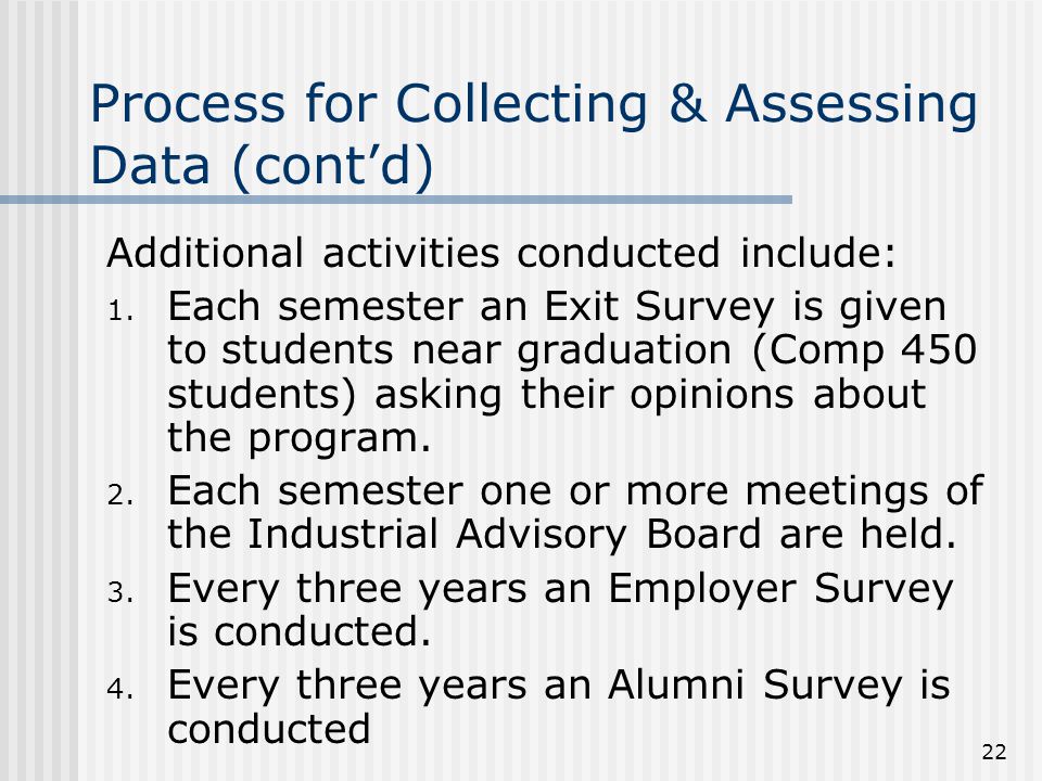 22 Process for Collecting & Assessing Data (cont’d) Additional activities conducted include: 1.