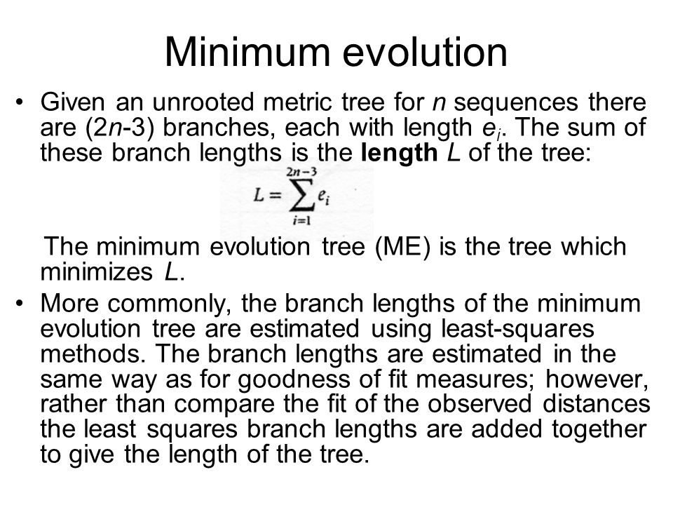 Minimum evolution Given an unrooted metric tree for n sequences there are (2n-3) branches, each with length e i.