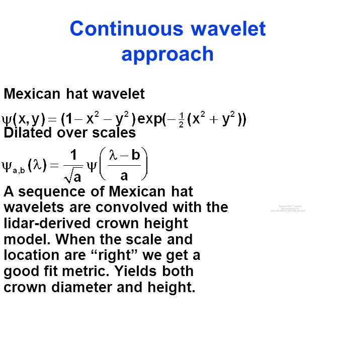 Continuous wavelet approach Mexican hat wavelet Dilated over scales A sequence of Mexican hat wavelets are convolved with the lidar-derived crown height model.