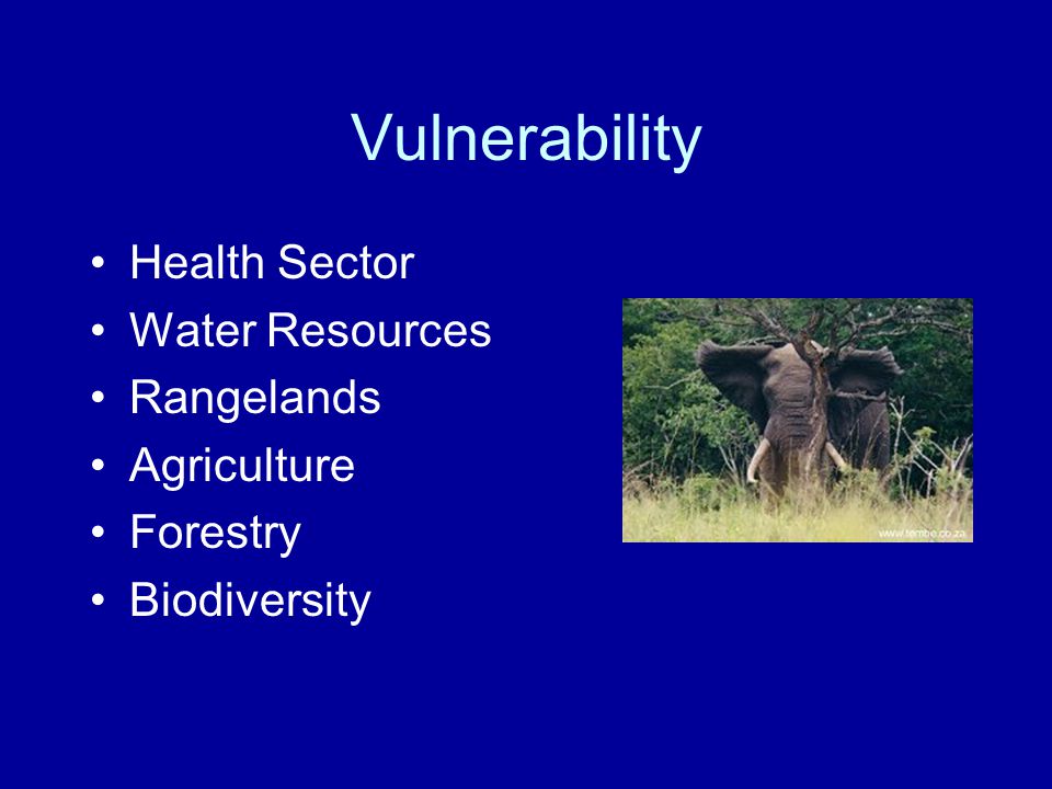 Vulnerability Health Sector Water Resources Rangelands Agriculture Forestry Biodiversity