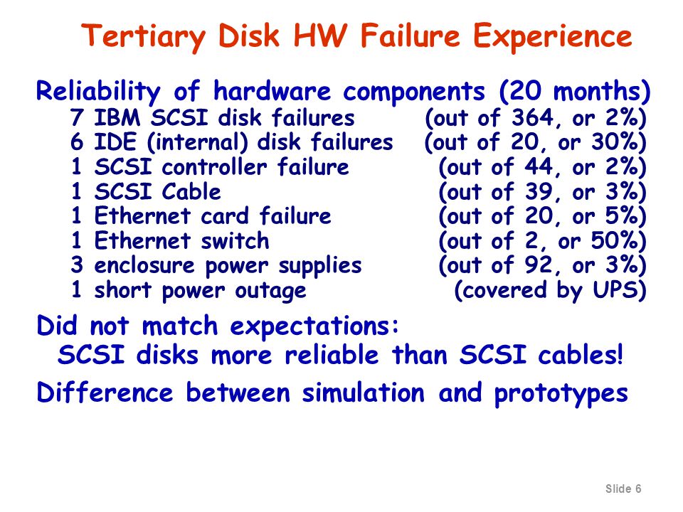 Slide 5 Background: Tertiary Disk (part of NOW) Tertiary Disk (1997) –cluster of 20 PCs hosting IBM disks (8.4 GB) in 7 racks, or 3 TB.