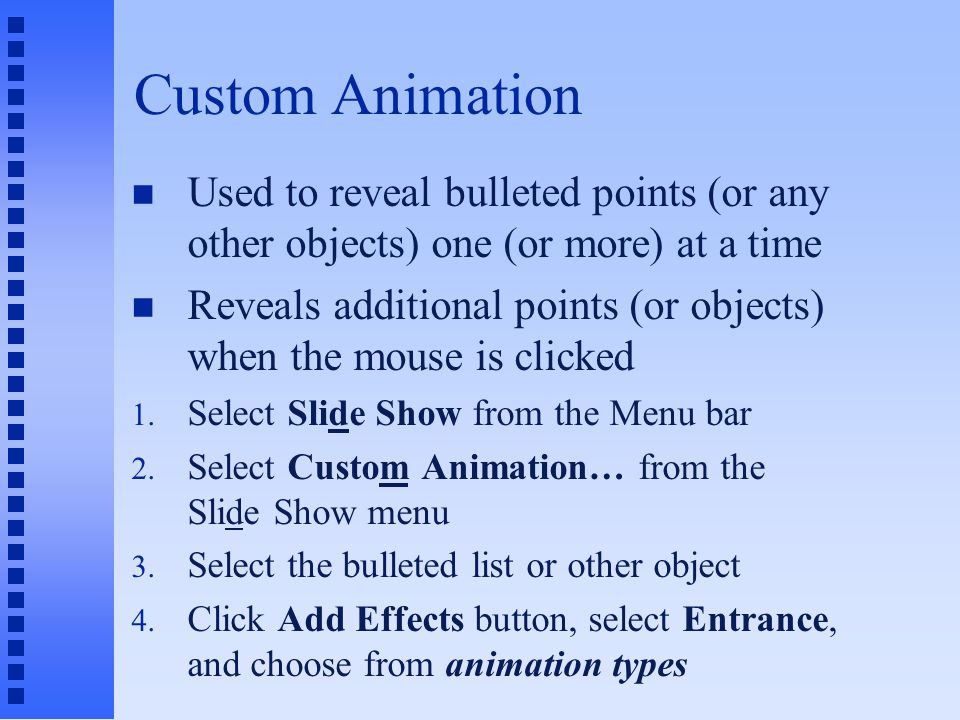 Views Page 2 n Slide Show View u To present the program u Click the mouse to move to next slide (or next animation) u Move forward and backward in the show by using and keys u Press the key to stop presentation