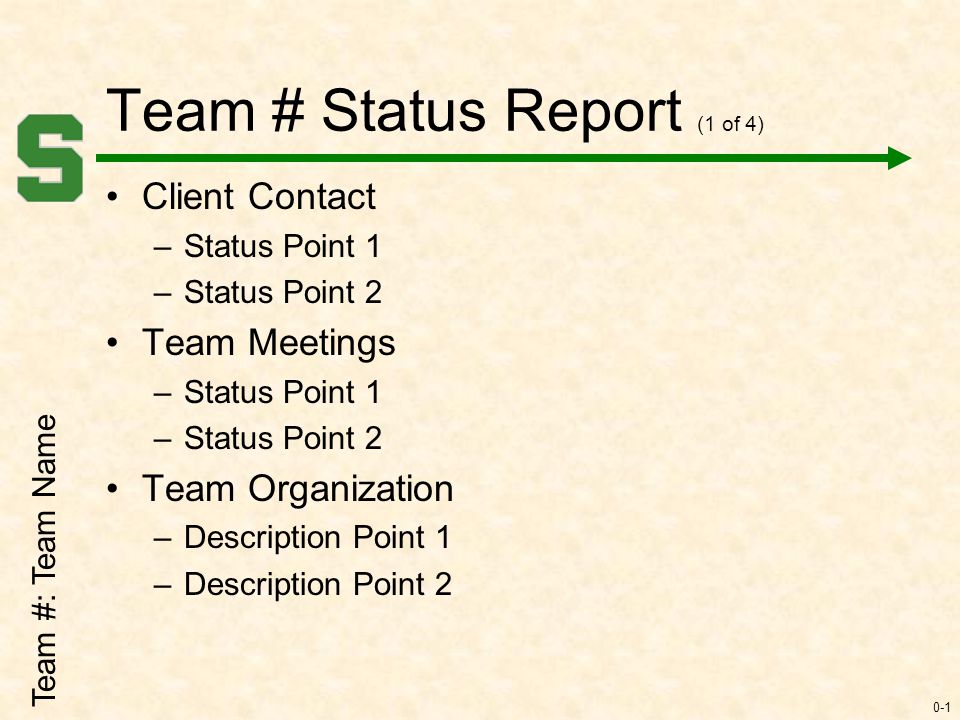 0-1 Team # Status Report (1 of 4) Client Contact –Status Point 1 –Status Point 2 Team Meetings –Status Point 1 –Status Point 2 Team Organization –Description Point 1 –Description Point 2 Team #: Team Name