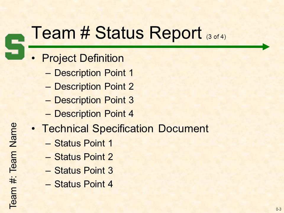 0-3 Team # Status Report (3 of 4) Project Definition –Description Point 1 –Description Point 2 –Description Point 3 –Description Point 4 Technical Specification Document –Status Point 1 –Status Point 2 –Status Point 3 –Status Point 4 Team #: Team Name