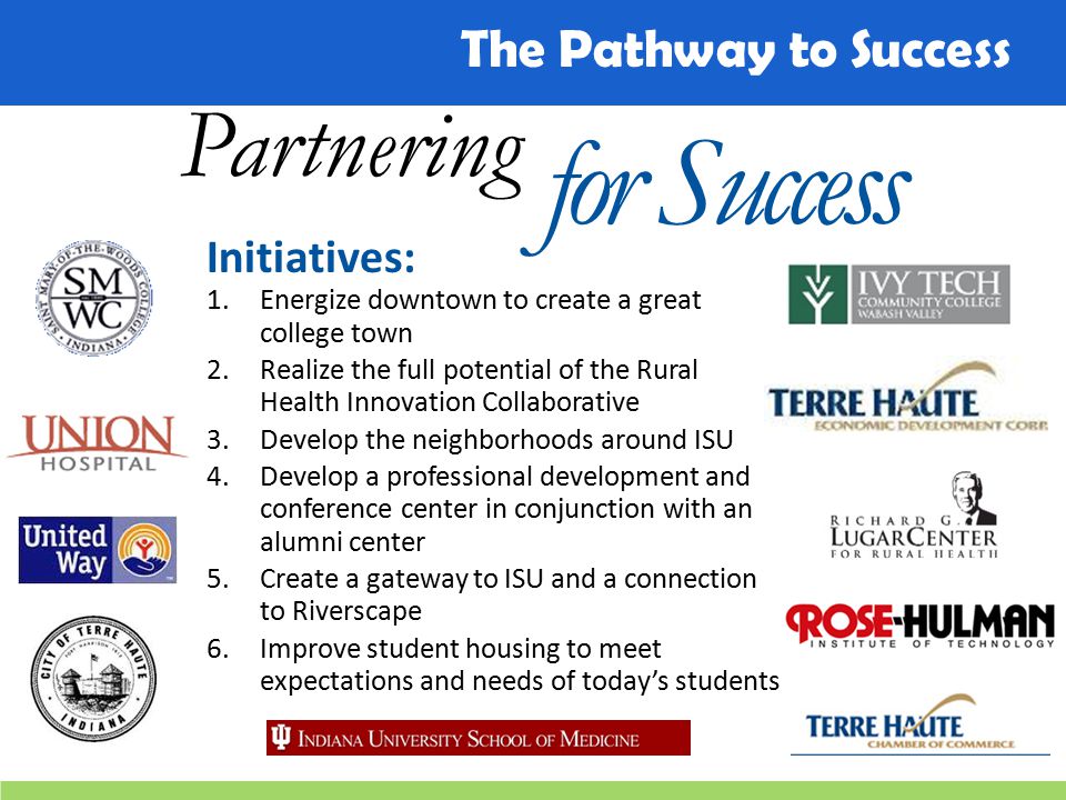 The Pathway to Success Initiatives: 1.Energize downtown to create a great college town 2.Realize the full potential of the Rural Health Innovation Collaborative 3.Develop the neighborhoods around ISU 4.Develop a professional development and conference center in conjunction with an alumni center 5.Create a gateway to ISU and a connection to Riverscape 6.Improve student housing to meet expectations and needs of today’s students Partnering for Success