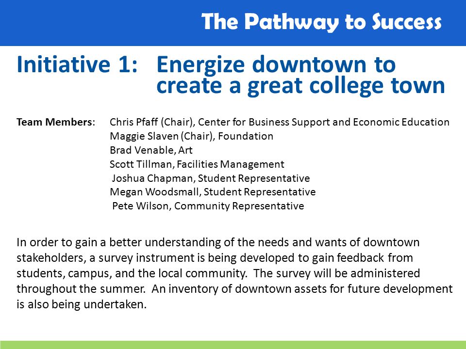 The Pathway to Success Initiative 1:Energize downtown to create a great college town Team Members: Chris Pfaff (Chair), Center for Business Support and Economic Education Maggie Slaven (Chair), Foundation Brad Venable, Art Scott Tillman, Facilities Management Joshua Chapman, Student Representative Megan Woodsmall, Student Representative Pete Wilson, Community Representative In order to gain a better understanding of the needs and wants of downtown stakeholders, a survey instrument is being developed to gain feedback from students, campus, and the local community.