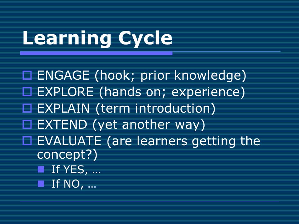 Learning Cycle  ENGAGE (hook; prior knowledge)  EXPLORE (hands on; experience)  EXPLAIN (term introduction)  EXTEND (yet another way)  EVALUATE (are learners getting the concept ) If YES, … If NO, …
