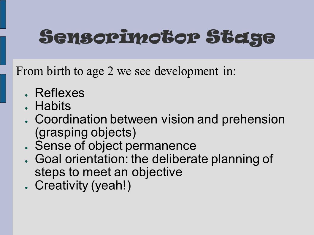 Sensorimotor Stage From birth to age 2 we see development in: ● Reflexes ● Habits ● Coordination between vision and prehension (grasping objects) ● Sense of object permanence ● Goal orientation: the deliberate planning of steps to meet an objective ● Creativity (yeah!)