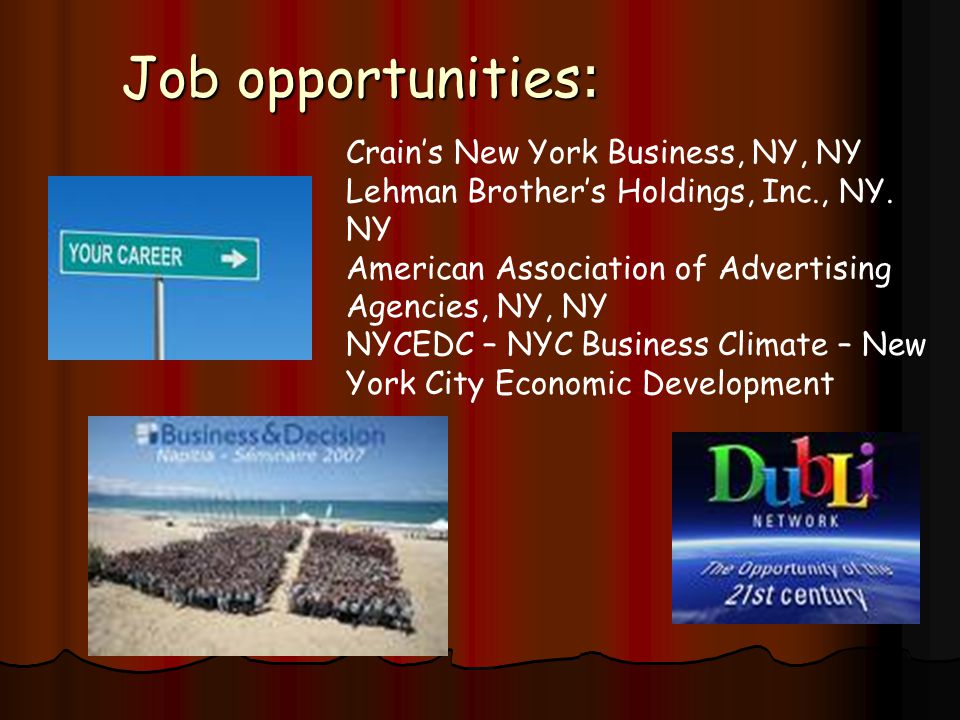 Job opportunities : Crain’s New York Business, NY, NY Lehman Brother’s Holdings, Inc., NY.