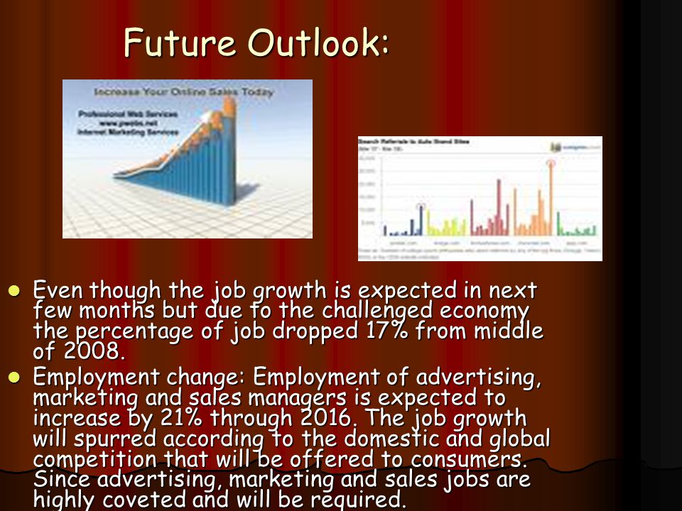 Future Outlook: Even though the job growth is expected in next few months but due to the challenged economy the percentage of job dropped 17% from middle of 2008.
