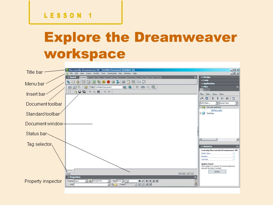 Explore the Dreamweaver workspace Title bar Menu bar Insert bar Document toolbar Standard toolbar Document window Status bar Tag selector Property inspector