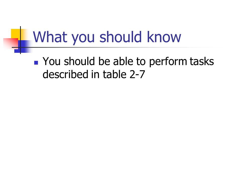What you should know You should be able to perform tasks described in table 2-7