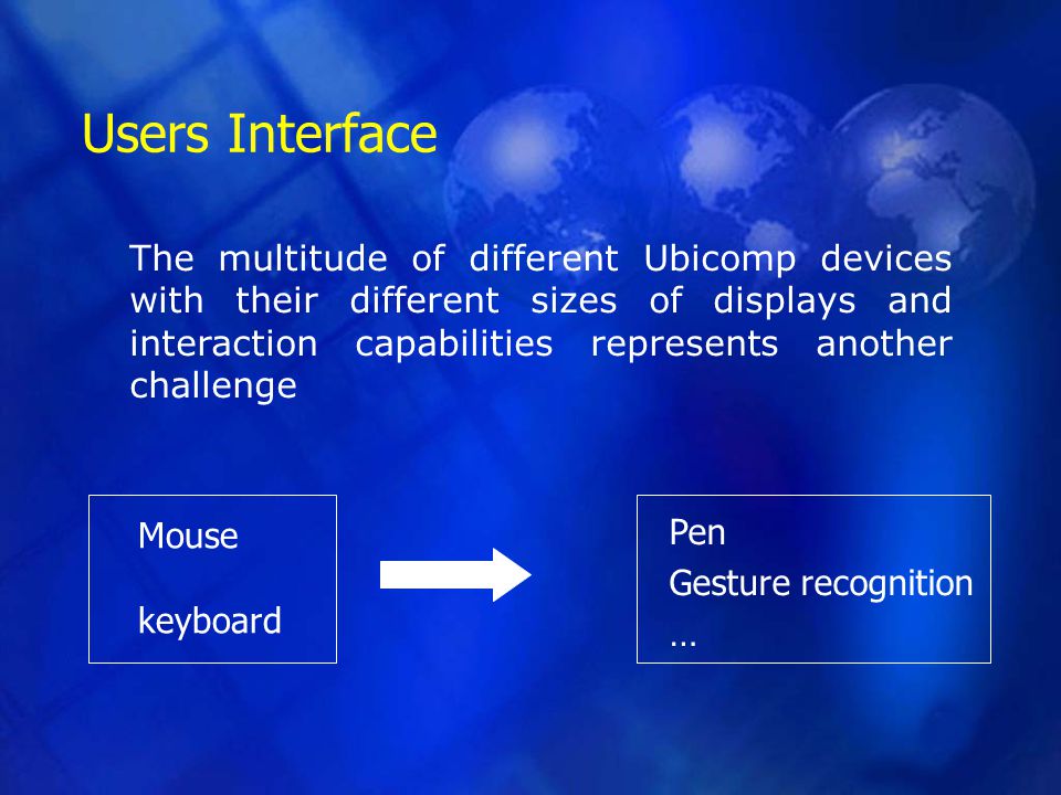 Users Interface The multitude of different Ubicomp devices with their different sizes of displays and interaction capabilities represents another challenge Pen Gesture recognition … Mouse keyboard