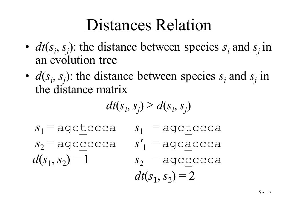 5 - 5 Distances Relation dt(s i, s j ): the distance between species s i and s j in an evolution tree d(s i, s j ): the distance between species s i and s j in the distance matrix dt(s i, s j )  d(s i, s j ) s 1 = agctccca s 2 = agccccca s 1 = agcaccca d(s 1, s 2 ) = 1s 2 = agccccca dt(s 1, s 2 ) = 2
