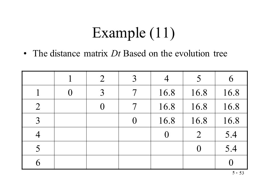 Example (11) The distance matrix Dt Based on the evolution tree