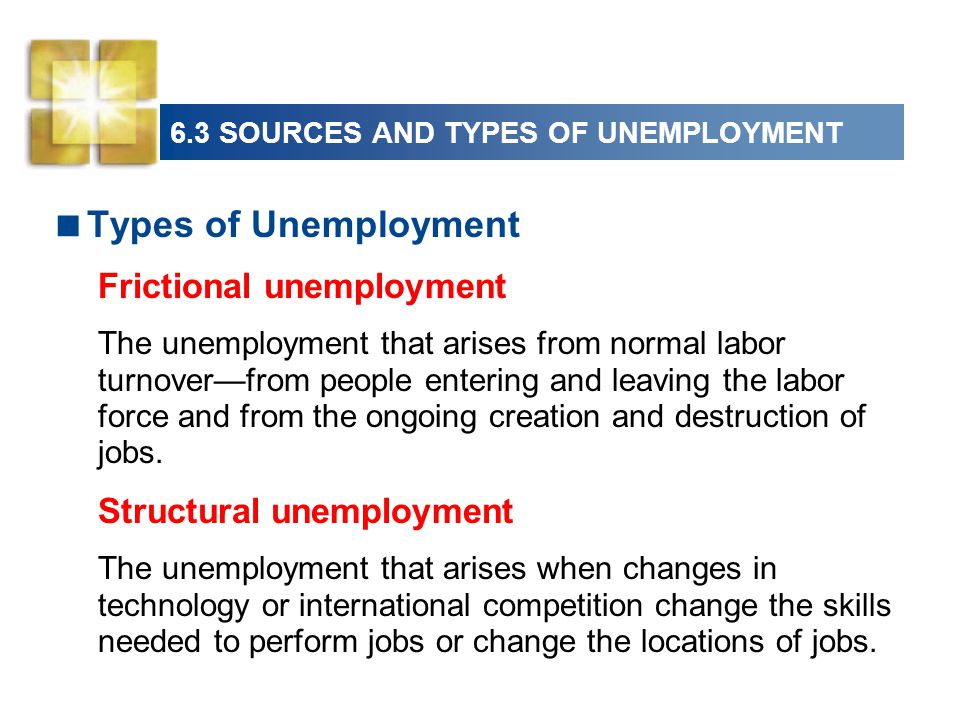 6.3 SOURCES AND TYPES OF UNEMPLOYMENT  Types of Unemployment Frictional unemployment The unemployment that arises from normal labor turnover—from people entering and leaving the labor force and from the ongoing creation and destruction of jobs.