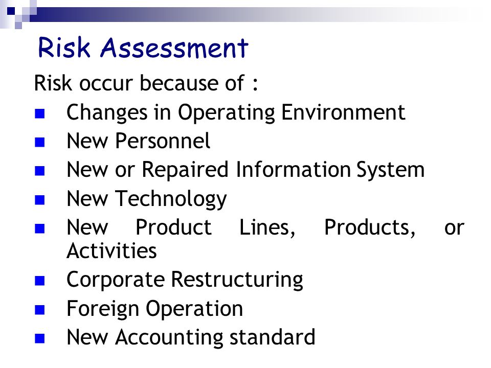 Risk Assessment Risk occur because of : Changes in Operating Environment New Personnel New or Repaired Information System New Technology New Product Lines, Products, or Activities Corporate Restructuring Foreign Operation New Accounting standard