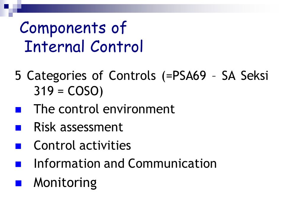 Components of Internal Control 5 Categories of Controls (=PSA69 – SA Seksi 319 = COSO) The control environment Risk assessment Control activities Information and Communication Monitoring