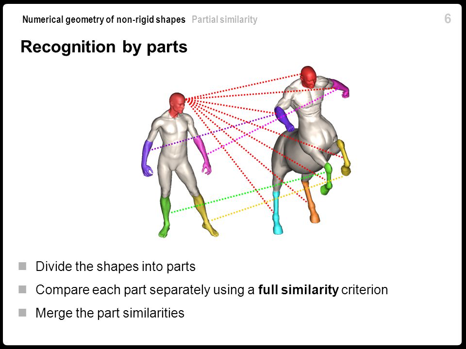 6 Numerical geometry of non-rigid shapes Partial similarity Recognition by parts Divide the shapes into parts Compare each part separately using a full similarity criterion Merge the part similarities