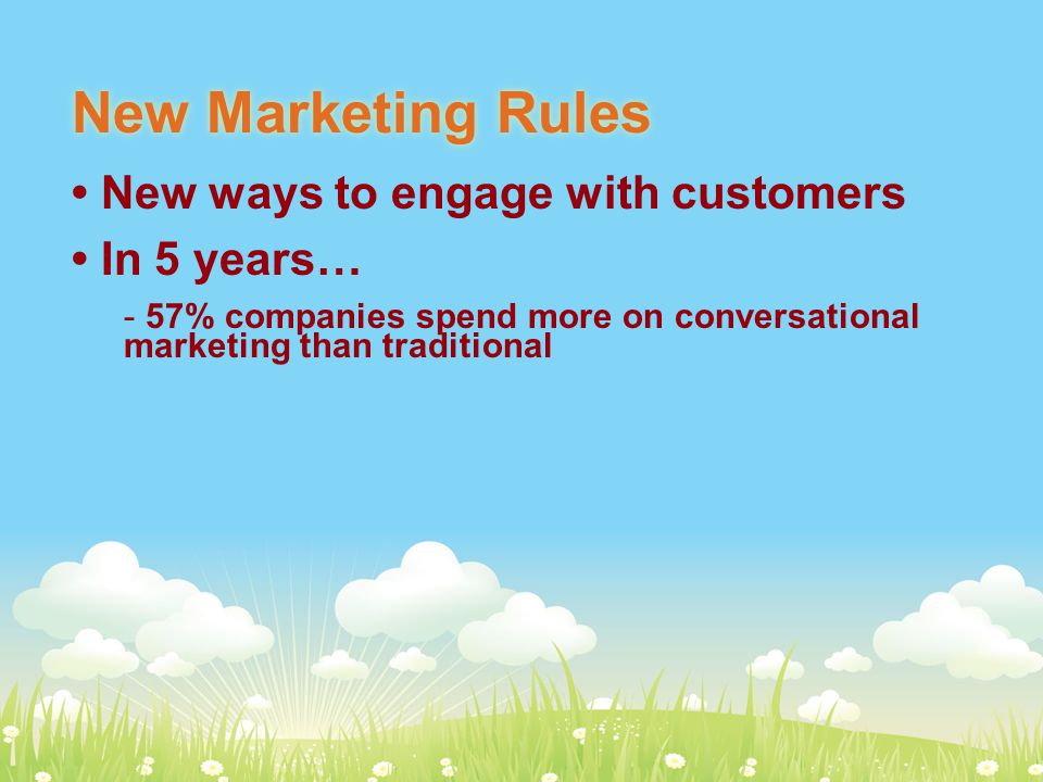 New Marketing Rules New ways to engage with customers In 5 years… - 57% companies spend more on conversational marketing than traditional