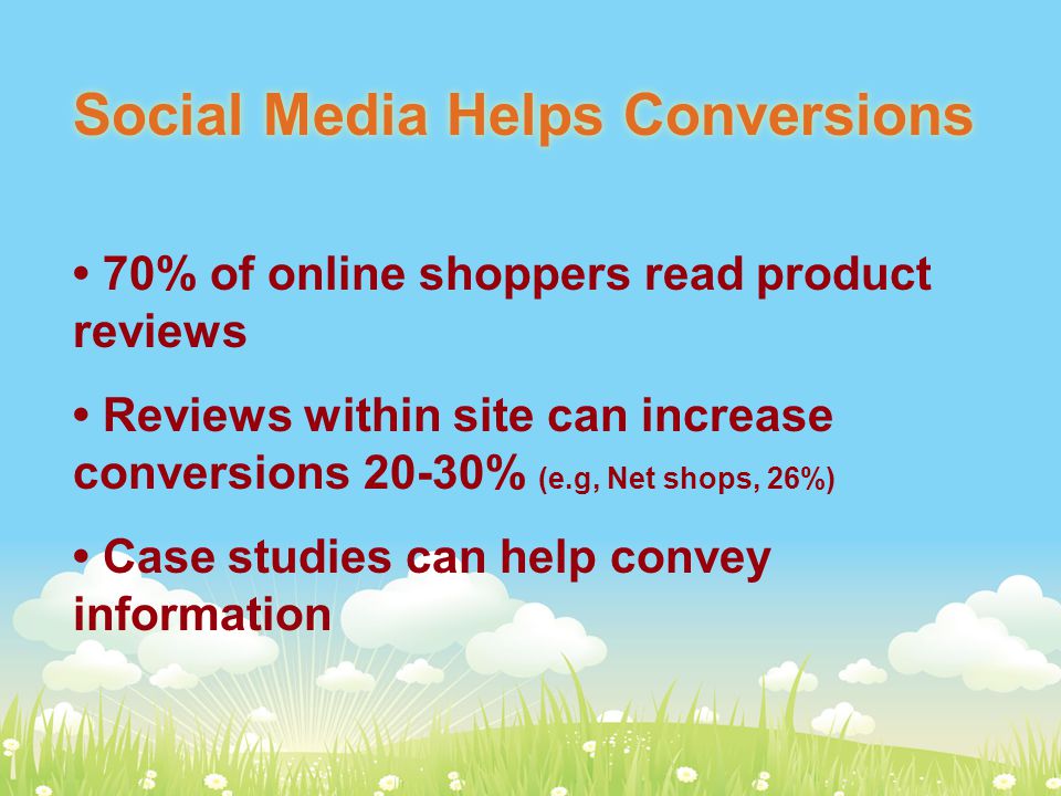 Social Media Helps Conversions 70% of online shoppers read product reviews Reviews within site can increase conversions 20-30% (e.g, Net shops, 26%) Case studies can help convey information