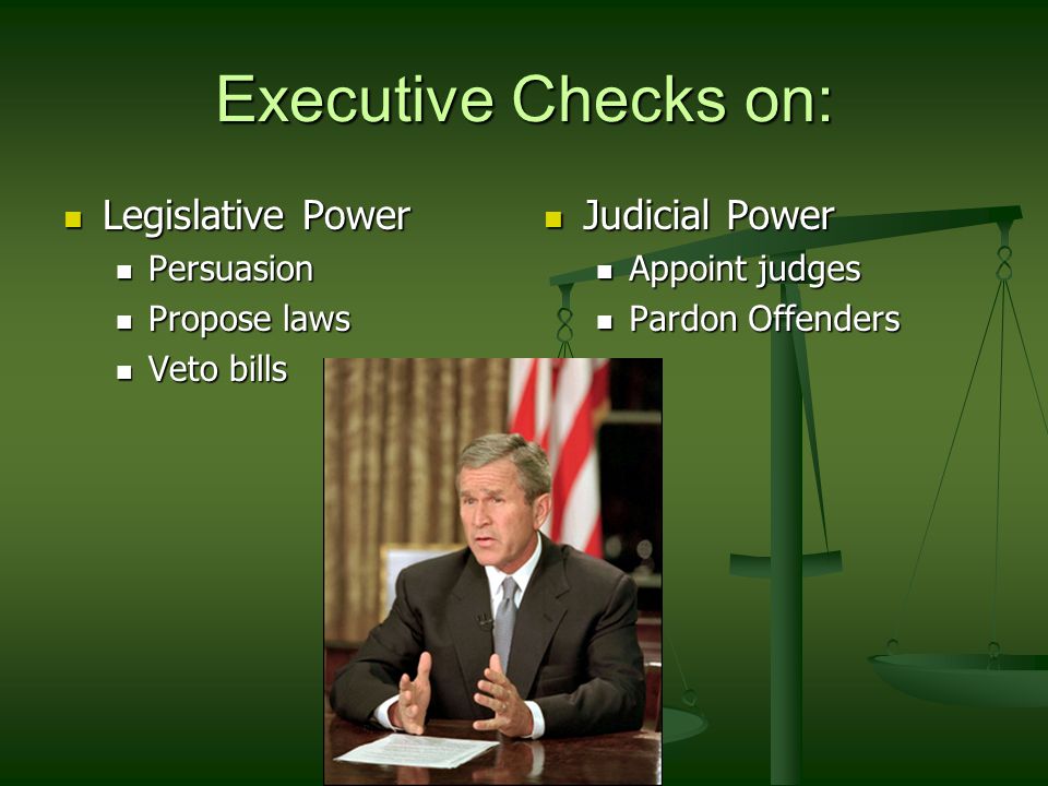 Legislative Checks on: Judicial Power Judicial Power Refuse to confirm appointments Refuse to confirm appointments Remove judges Remove judges Amend Constitution Amend Constitution Rewrite laws Rewrite laws Executive Power Override presidential vetoes Reduce funding of presidential programs Remove the president Refuse to confirm presidential appointments
