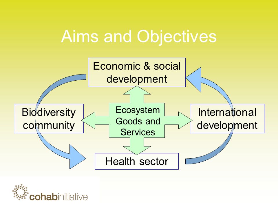 Aims and Objectives Biodiversity community International development Health sector Economic & social development Ecosystem Goods and Services