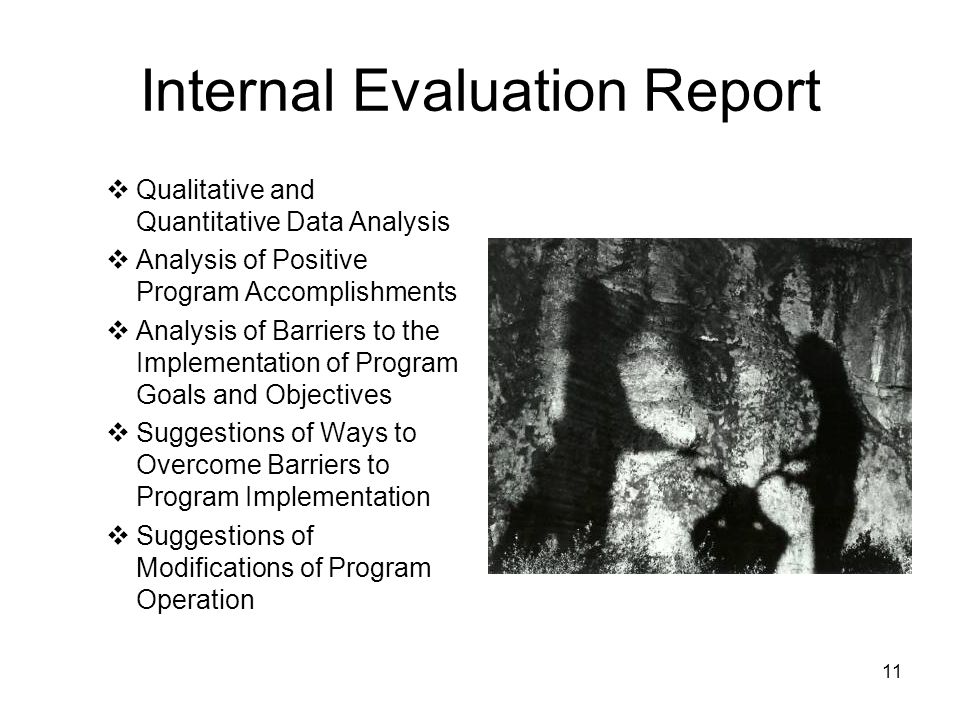 11 Internal Evaluation Report  Qualitative and Quantitative Data Analysis  Analysis of Positive Program Accomplishments  Analysis of Barriers to the Implementation of Program Goals and Objectives  Suggestions of Ways to Overcome Barriers to Program Implementation  Suggestions of Modifications of Program Operation