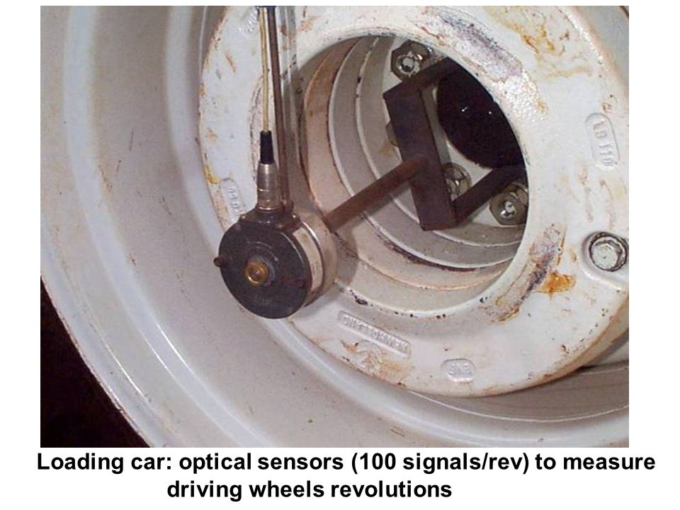 Loading car: optical sensors (100 signals/rev) to measure driving wheels revolutions