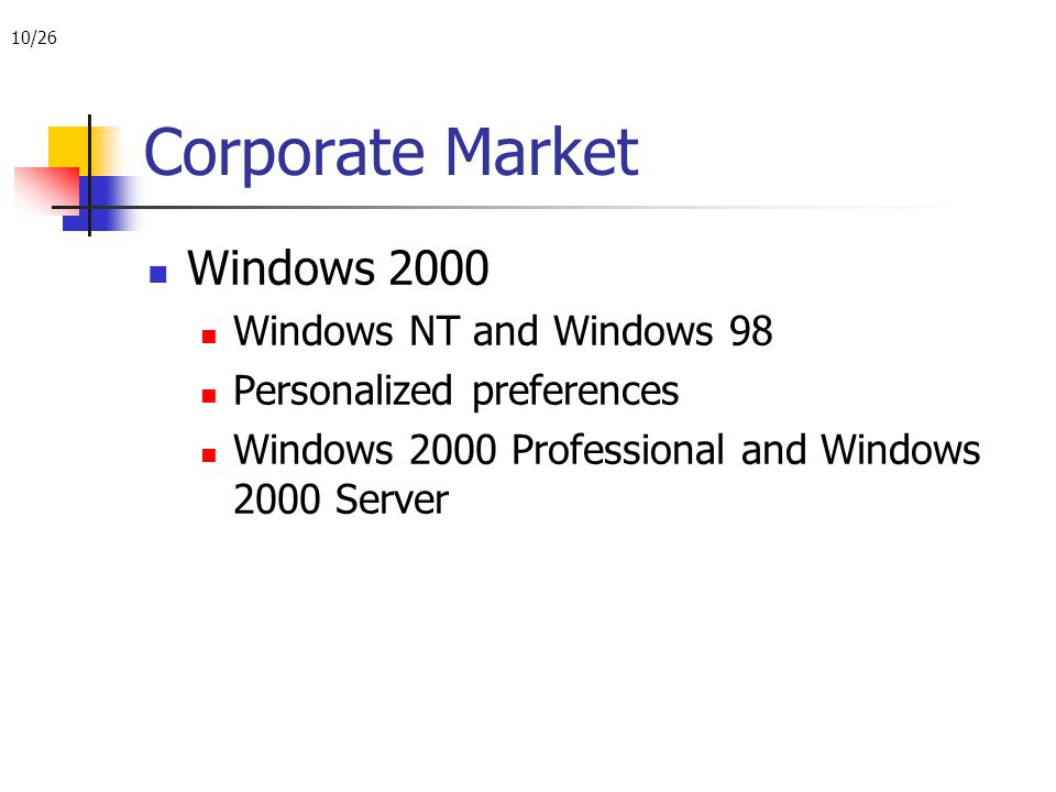 10/26 Corporate Market Windows 2000 Windows NT and Windows 98 Personalized preferences Windows 2000 Professional and Windows 2000 Server