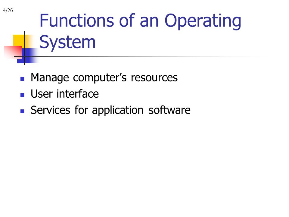 4/26 Functions of an Operating System Manage computer’s resources User interface Services for application software