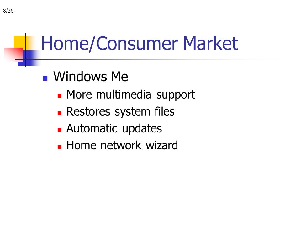 8/26 Home/Consumer Market Windows Me More multimedia support Restores system files Automatic updates Home network wizard