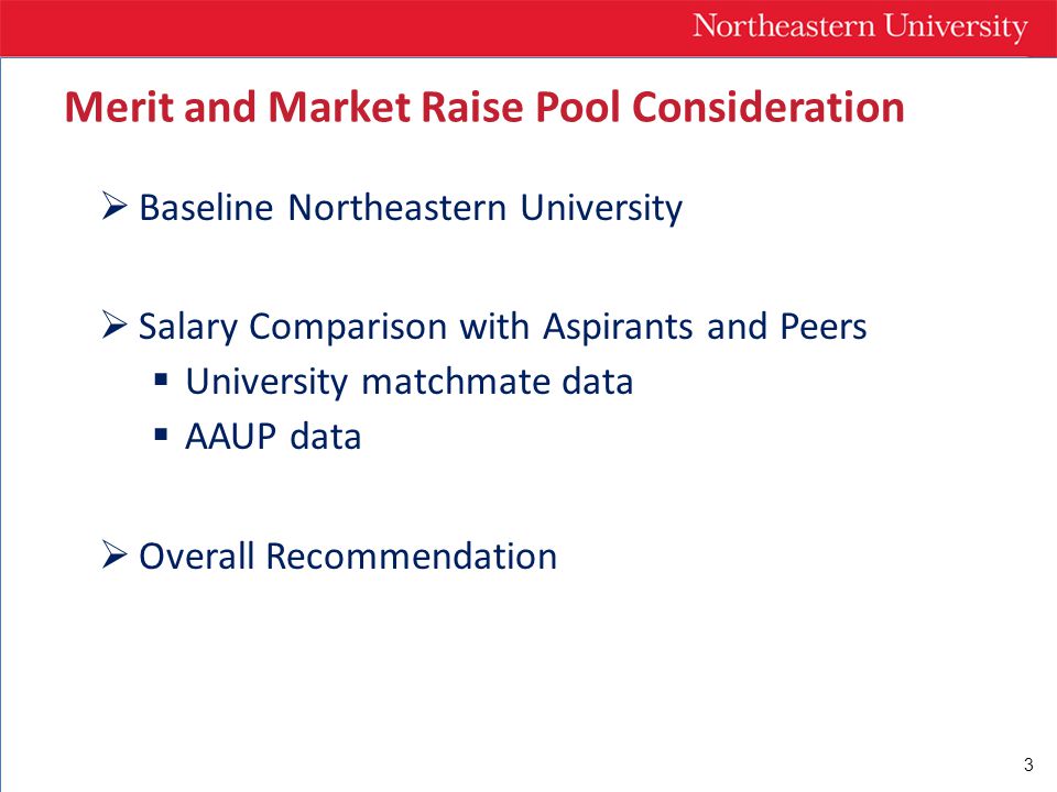3  Baseline Northeastern University  Salary Comparison with Aspirants and Peers  University matchmate data  AAUP data  Overall Recommendation Merit and Market Raise Pool Consideration