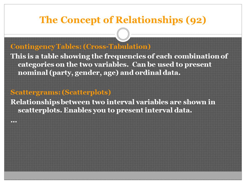 The Concept of Relationships (92) Contingency Tables: (Cross-Tabulation) This is a table showing the frequencies of each combination of categories on the two variables.