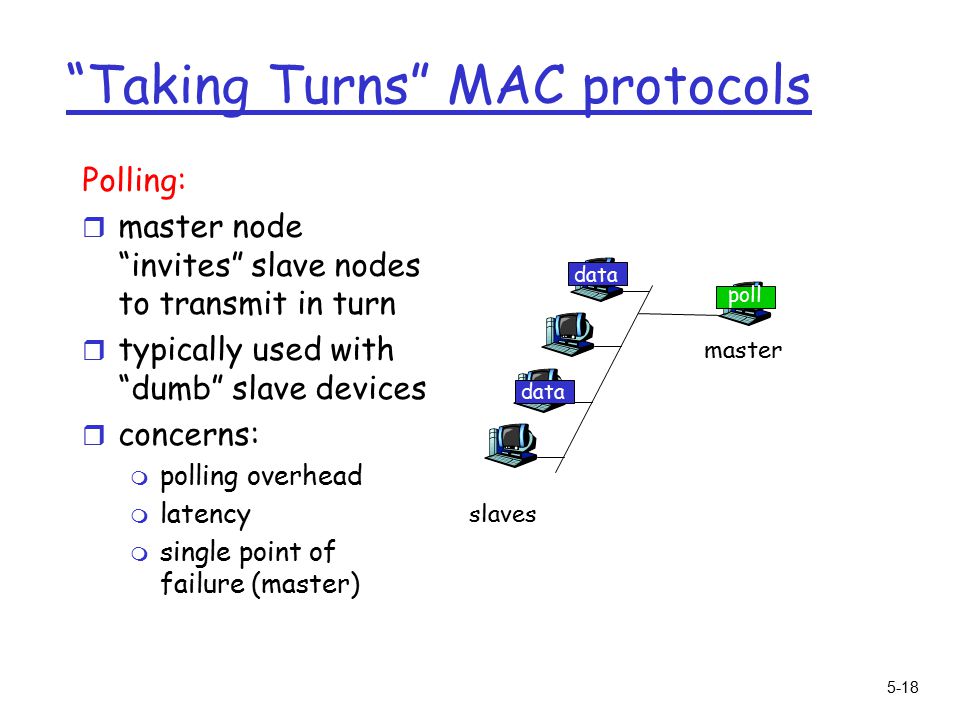 5-18 Taking Turns MAC protocols Polling: r master node invites slave nodes to transmit in turn r typically used with dumb slave devices r concerns: m polling overhead m latency m single point of failure (master) master slaves poll data