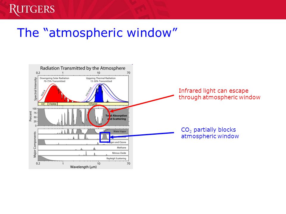 The atmospheric window Infrared light can escape through atmospheric window CO 2 partially blocks atmospheric window