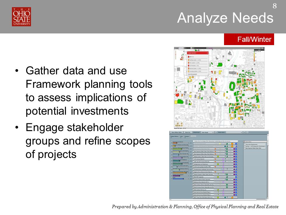 Analyze Needs 8 Gather data and use Framework planning tools to assess implications of potential investments Engage stakeholder groups and refine scopes of projects Prepared by Administration & Planning, Office of Physical Planning and Real Estate Fall/Winter