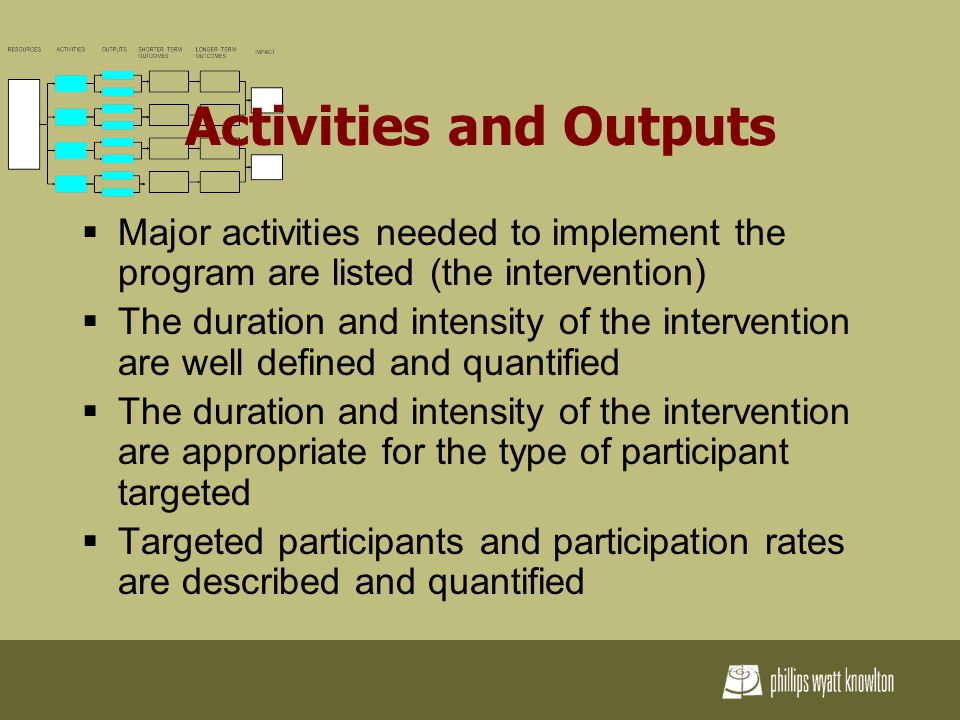 Activities and Outputs  Major activities needed to implement the program are listed (the intervention)  The duration and intensity of the intervention are well defined and quantified  The duration and intensity of the intervention are appropriate for the type of participant targeted  Targeted participants and participation rates are described and quantified