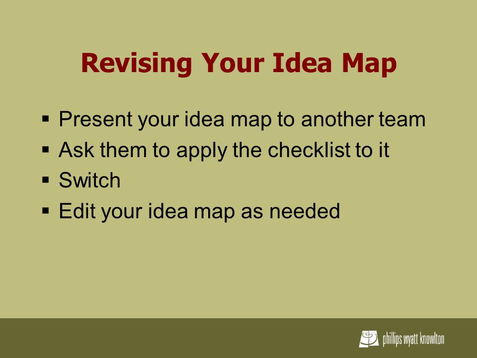 Revising Your Idea Map  Present your idea map to another team  Ask them to apply the checklist to it  Switch  Edit your idea map as needed
