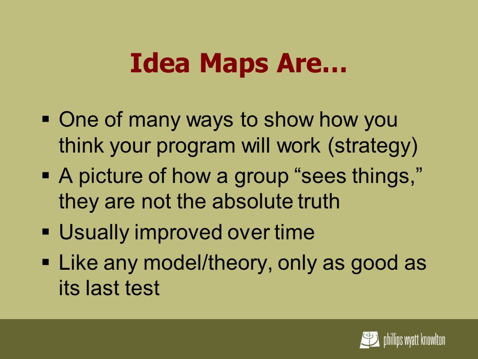 Idea Maps Are…  One of many ways to show how you think your program will work (strategy)  A picture of how a group sees things, they are not the absolute truth  Usually improved over time  Like any model/theory, only as good as its last test