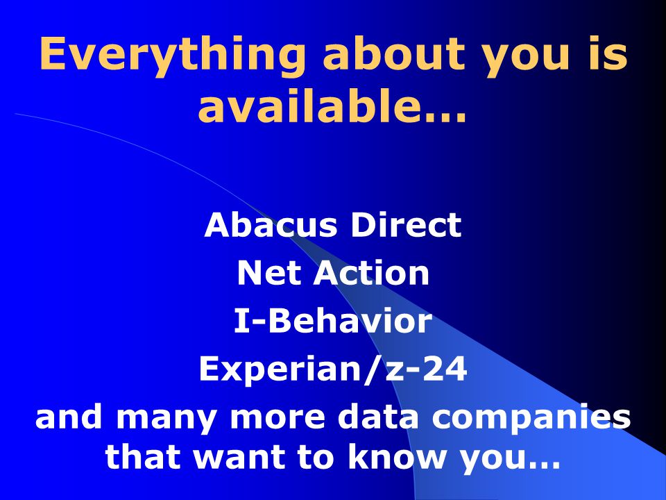 Everything about you is available… Abacus Direct Net Action I-Behavior Experian/z-24 and many more data companies that want to know you…