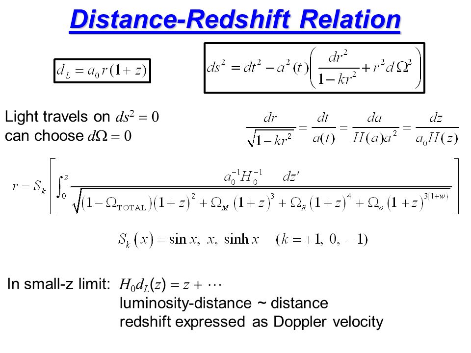 Light travels on ds   can choose  d  Distance-Redshift Relation In small-z limit: H  d L ( z )  z   luminosity-distance ~ distance redshift expressed as Doppler velocity