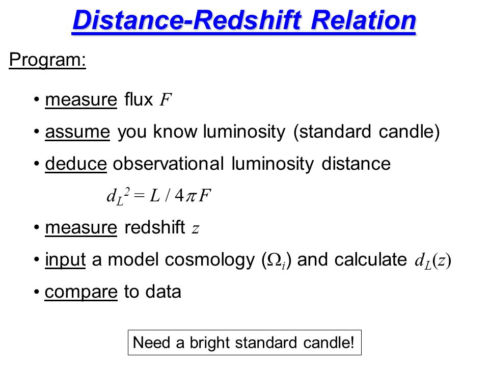 Program: measure flux F assume you know luminosity (standard candle) deduce observational luminosity distance d L 2 = L /  F measure redshift z input a model cosmology (  i ) and calculate d L (z) compare to data Distance-Redshift Relation Need a bright standard candle!