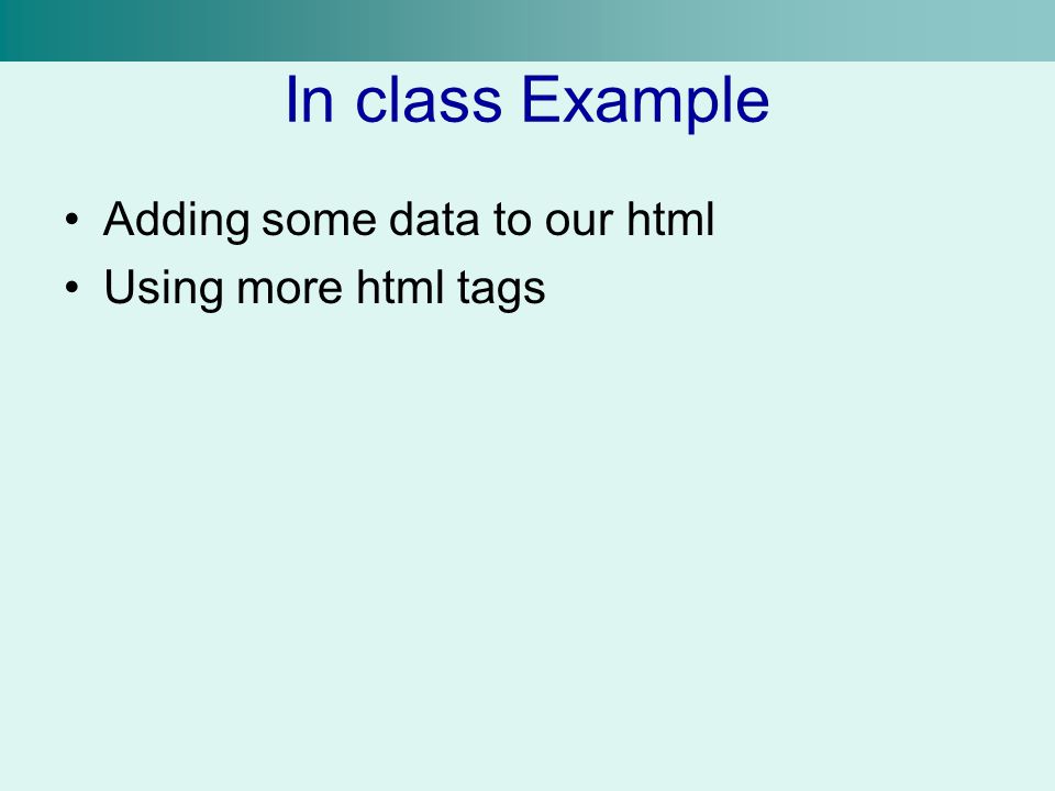 In class Example Adding some data to our html Using more html tags